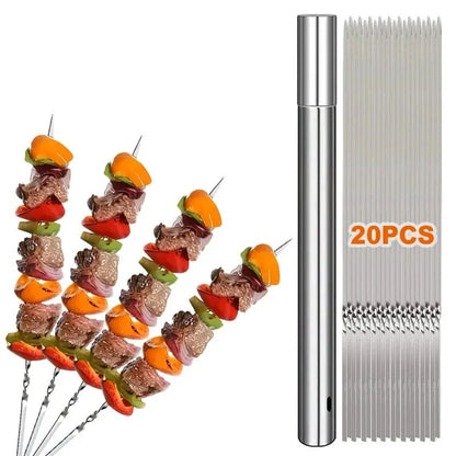 20Pcs Barbecue Skewer with Storage Tube Stainless Steel Reusable Flat BBQ Needle Stick for Outdoor Camping Party BBQ Accessories