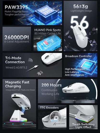 Attack Shark X6 Wireless Ergonomic Gaming Mouse Adjustable DPI Wired 2.4G/Bluetooth High Precision Rechargeable Mice