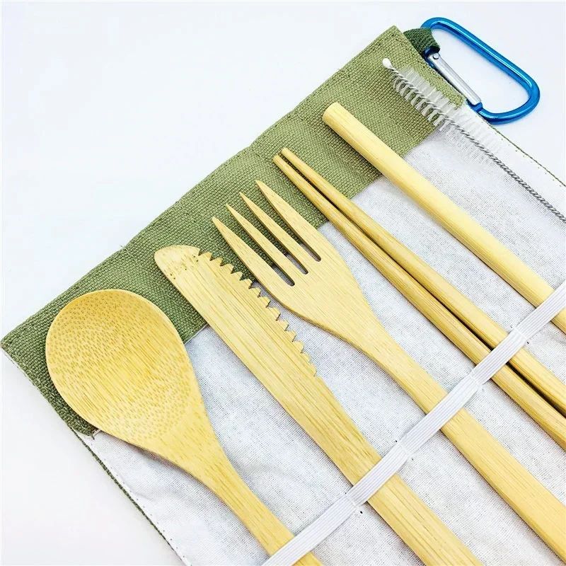 Conjunto Portátil de Talheres Reutilizáveis de Bambu Garfo Faca Colher de Madeira com Estojo de Viagem Utensílios de Cozinha Ecológicos