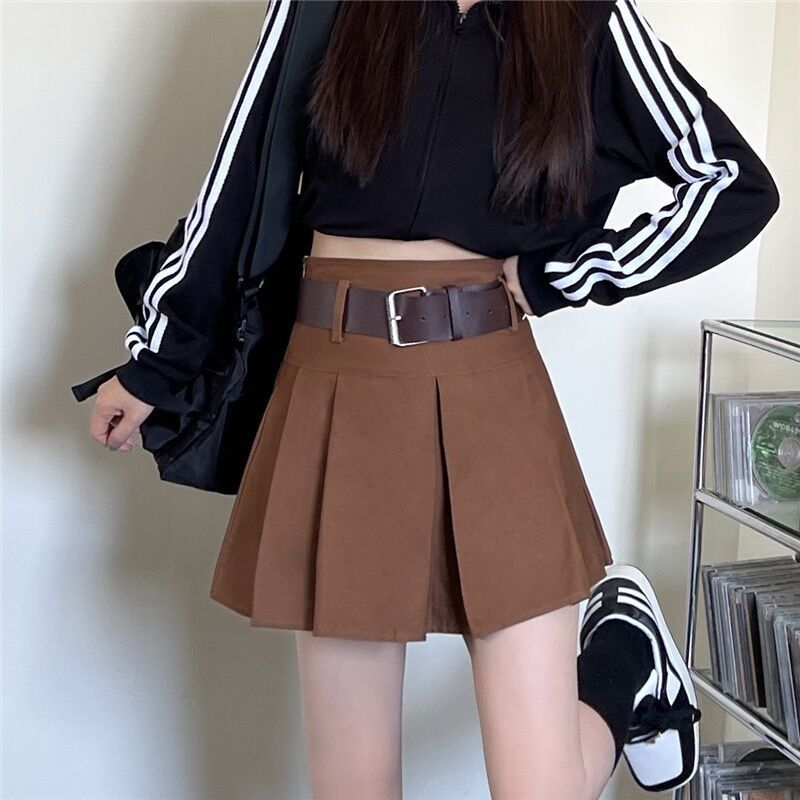 Brown Belted Mini Skirt Low Waisted Pleated Skirt with Belt Women Academia Aesthetic Vintage Outfit