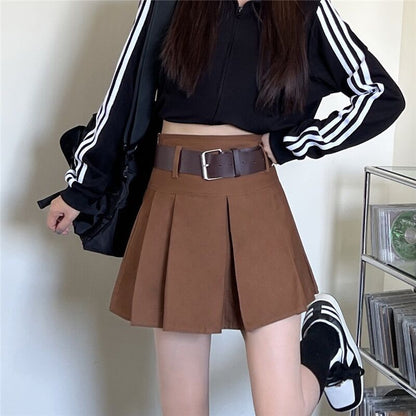 Brown Belted Mini Skirt Low Waisted Pleated Skirt with Belt Women Academia Aesthetic Vintage Outfit