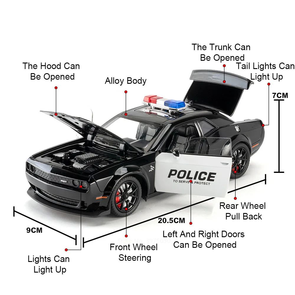 1:24 Dodge Challenger SRT Hellcat Modelo de Carro de Polícia de Brinquedo Pneu de Borracha Carro em Miniatura Puxar para Trás Luz Música Veículo Meninos Adultos Presentes