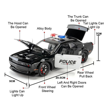 1:24 Dodge Challenger SRT Hellcat Modelo de Carro de Polícia de Brinquedo Pneu de Borracha Carro em Miniatura Puxar para Trás Luz Música Veículo Meninos Adultos Presentes