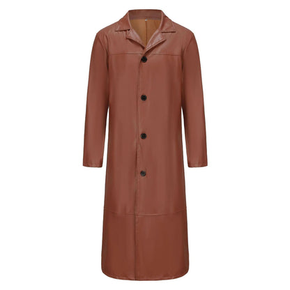 Casual Pure Color Slim Fit PU Leather Long Jacket Men's Coat with Lining Autumn Fashion Quality Outerwear Male Model
