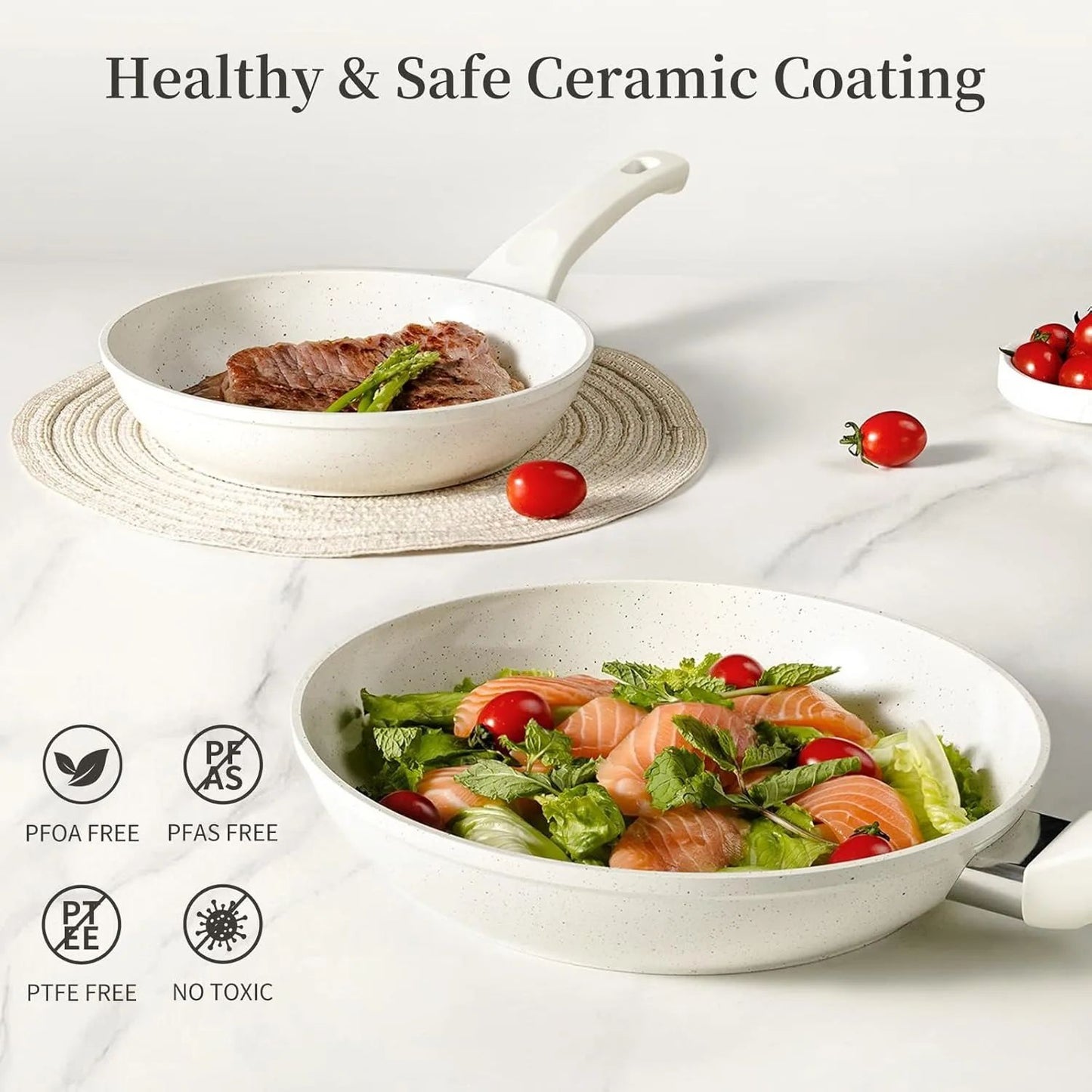 Ceramic Nonstick Frying Pan Set - White Pans With Lids, Induction Skillets for Eggs & Omelets, Healthy No Toxic Cookware,