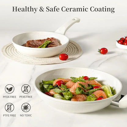Ceramic Nonstick Frying Pan Set - White Pans With Lids, Induction Skillets for Eggs & Omelets, Healthy No Toxic Cookware,