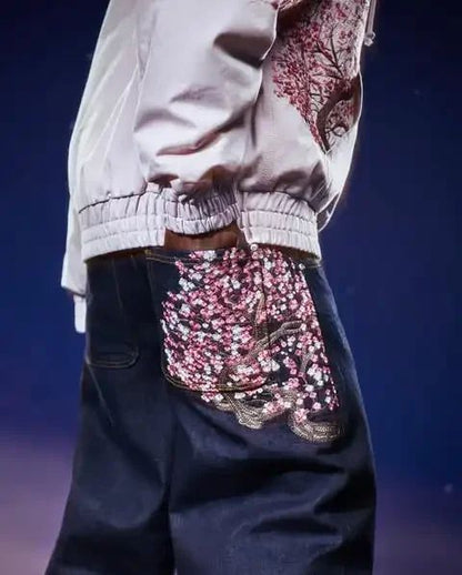 Calça jeans Hip-hop com moedas douradas Y2K retro cintura baixa perna larga com zíper calças jeans soltas bordadas moda masculina Y2K