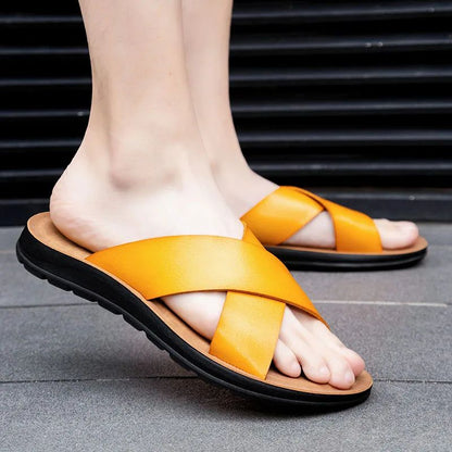Men Shoes New  Summer Shoes Italian Leather Slippers Men High Quality Size 38-47 Beach Slip on Flats Man Flip Flops Mens Sandals