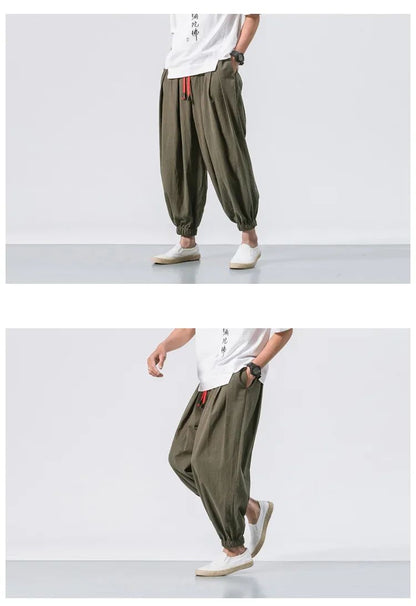 New Trendy Men Harem Pants Loose Oversized Style Cotton and Linen High Quality Jogger Sweatpants Casual Male Trousers