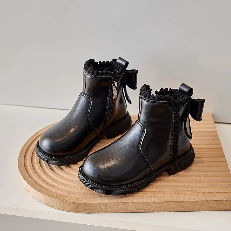 Girls Ankle Boots with Back Bow-knot Kids Short Boots Soft Sole 2025 New Girls' Princess Leather Boots with Warm Cotton Side Zip