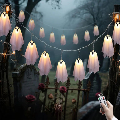 10Pcs LED Spooky Hanging Ghosts Decor, Halloween Ghost String Lights, Battery Operated Light Up Glow Garland for Indoor Outdoor