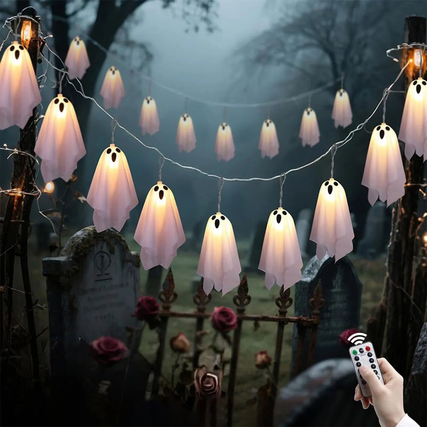10Pcs LED Spooky Hanging Ghosts Decor, Halloween Ghost String Lights, Battery Operated Light Up Glow Garland for Indoor Outdoor