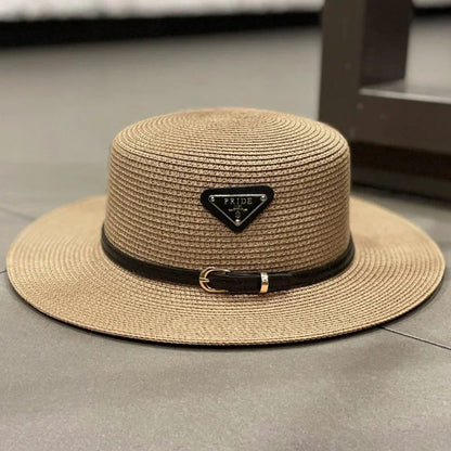 Straw Sun Hat for Children Kids Triangular Metal Logo Woven Beach Hat Spring Summer Fashion Vacation Sun Protection Wide Brim