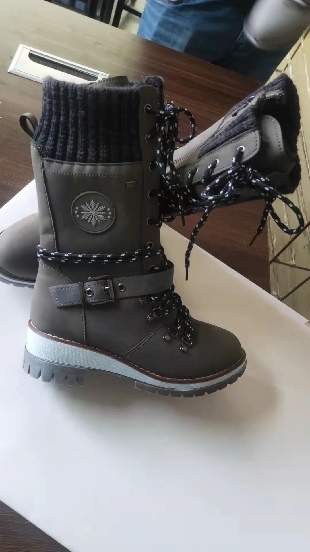 2025 Women Winter Buckle Lace Knitted Mid-calf Boots Low Heel Round Toe Boots Top Quality Winter Warm Boots Women Botas De Mujer