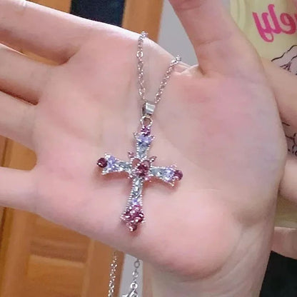 Colar Cruz Punk Y2K Rosa Roxo Zircão 2025 para Mulheres Pingente de Strass Corrente Clavícula Charme Joias de Festa Presentes