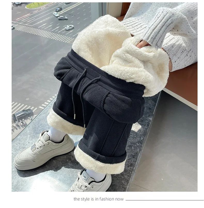 Winter Fleece Thickened High Waist Warm Trousers for Women Solid Color Loose Elastic Waist Straight Casual Pants