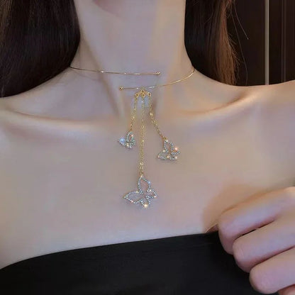 Colar Feminino com Pingente de Gota D'água com Borla em Aço Inoxidável Banhado a Ouro, Estilo Europeu e Americano, Corrente na Clavícula, Joia para Festa