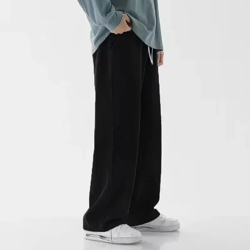 Spring Autumn New Men's Jeans Japanese Vintage Elastic Waist Casual Straight-leg Pants Trendy Wide-leg Trousers Loose Fit