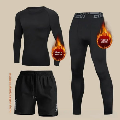 Men's Thermal Plush Base Layer Set Winter Thickened Running Trainning Quick Drying Clothes Fitness Tight Sports Men's Sweats Set