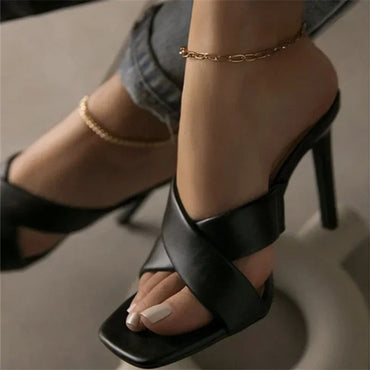 2024 summer new style square head cross strap stiletto heels women's solid color sandals and slippers 43