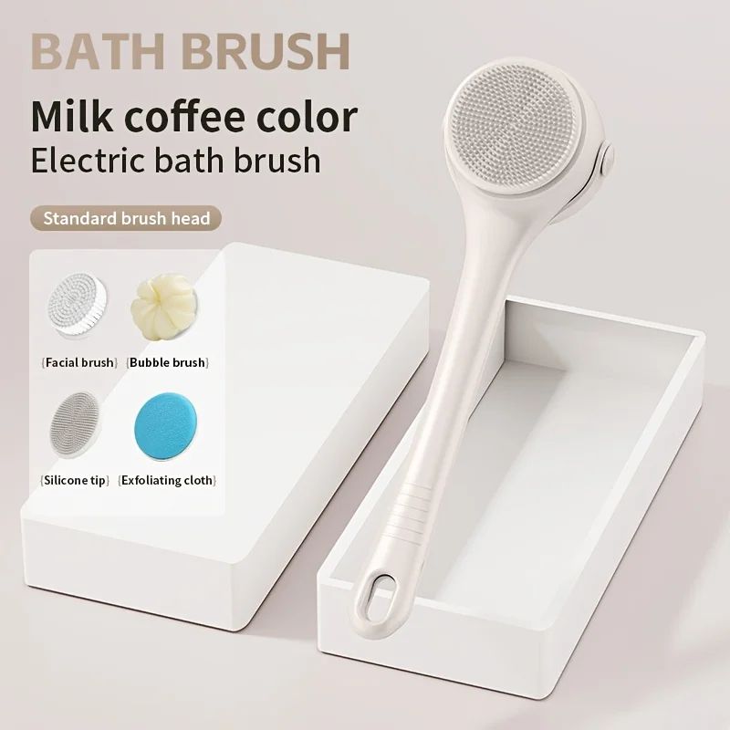 Escova de banho elétrica USB de silicone com cabo longo, escova de limpeza corporal giratória elétrica para o corpo com 4 cabeças de escova, sucesso de vendas