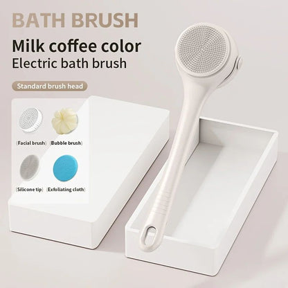 Escova de banho elétrica USB de silicone com cabo longo, escova de limpeza corporal giratória elétrica para o corpo com 4 cabeças de escova, sucesso de vendas