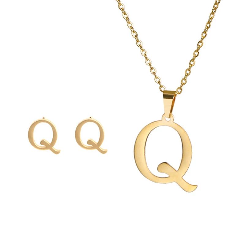 Conjunto Feminino de Colar e Brincos de Aço Inoxidável com Letra Inicial do Alfabeto A-Z - Joias Personalizadas de 26 Letras Inglesas - Presente