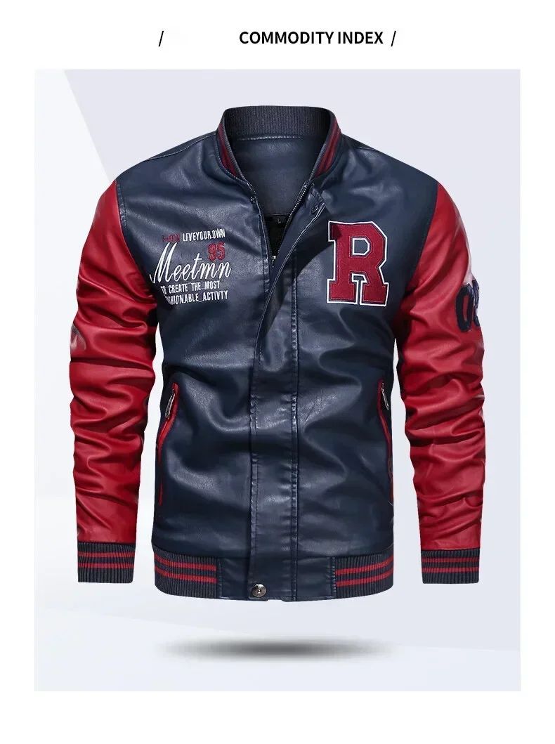 Men's American Baseball Collar Pilot Casual PU Spring and Autumn Leather Jacket Motorcycle Suit Leather Jacket Color Blocking