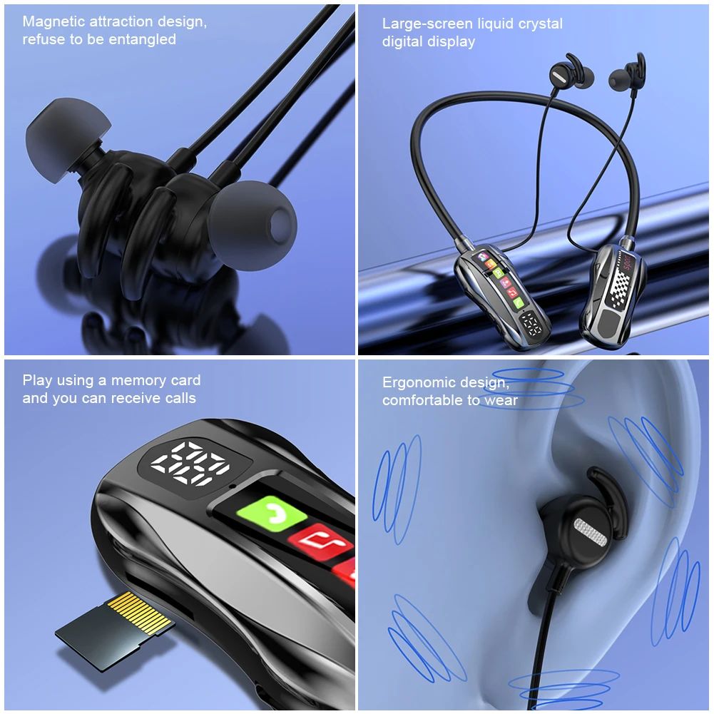 Wireless Headphones Bluetooth 5.4 Earphone HiFi Stereo Outdoor Sports Headset with Mic LED Display Neckband Earphones Earbuds