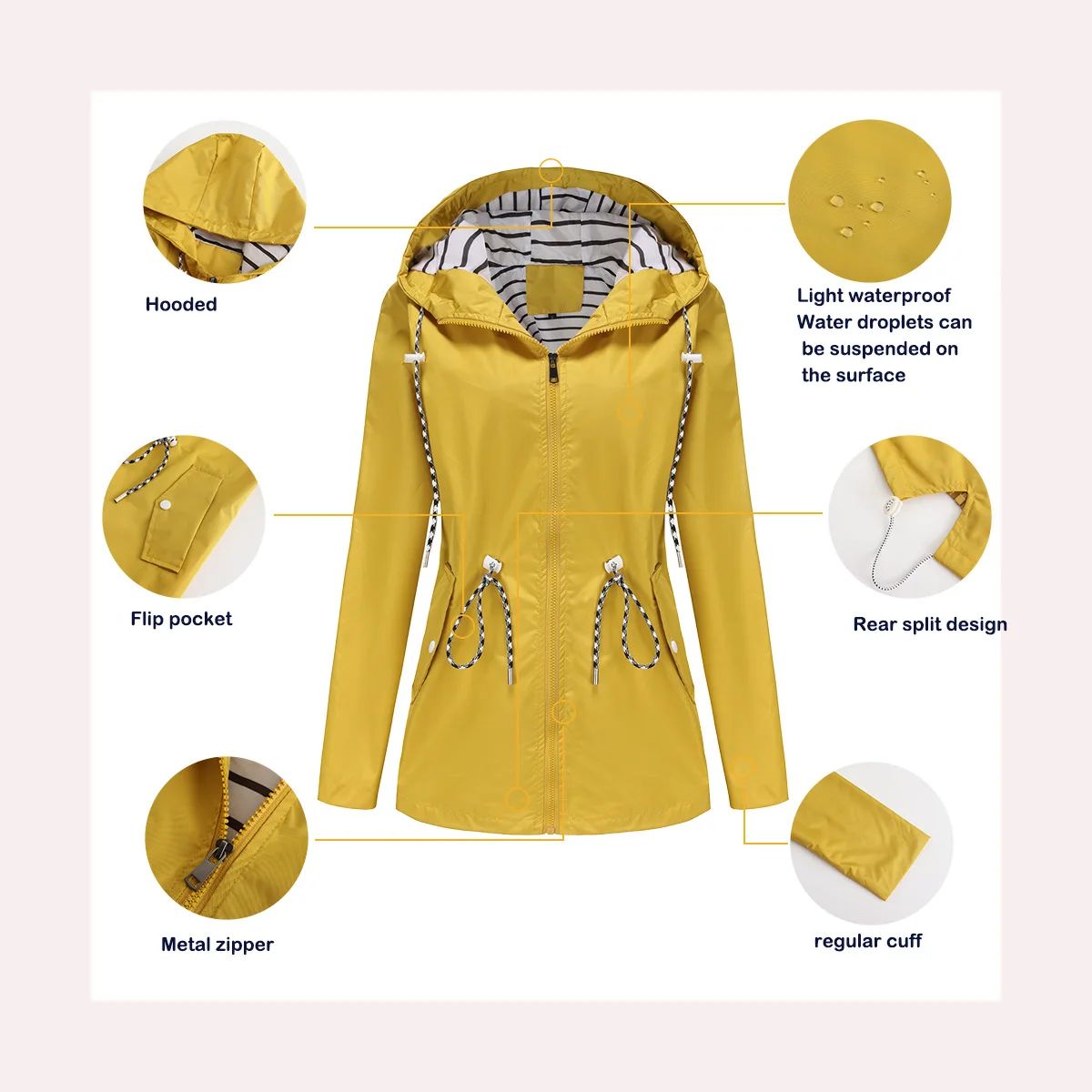 Blue Waterproof Hooded Jacket Women Fashion Casual Coat Waist Drawstring Tie Zipper Switch Red Green Yellow Black Windbreaker