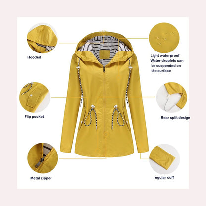 Blue Waterproof Hooded Jacket Women Fashion Casual Coat Waist Drawstring Tie Zipper Switch Red Green Yellow Black Windbreaker