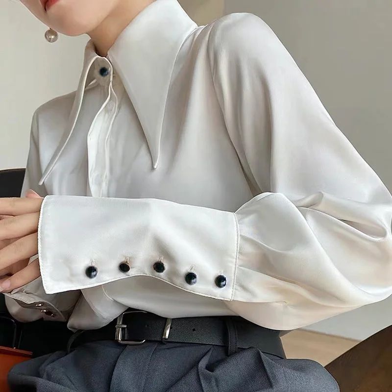Sexy Puff Long Sleeve Ruffles Blouse Office Lady Buttons Women White Shirts V Neck Elegant Shirt Woman Fashion Female 26550