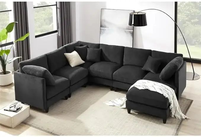 Luxury Oversized Chenille Sofa – 7-Seat Modular Sectional Cloud Couch with Movable Ottoman, Convertible for Living Room