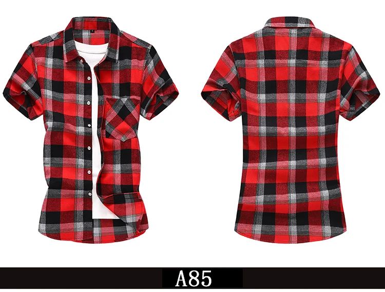 2025 new red summer men's shirts short-sleeved plaid fat big yards youth casual shirt.