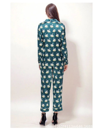 Printed Pure Silk Long Sleeve Pajamas Button Down 100% Mulberry Silk Pijamas Suit Women's Homewear Sleepwear 2 Piece Pajama Set