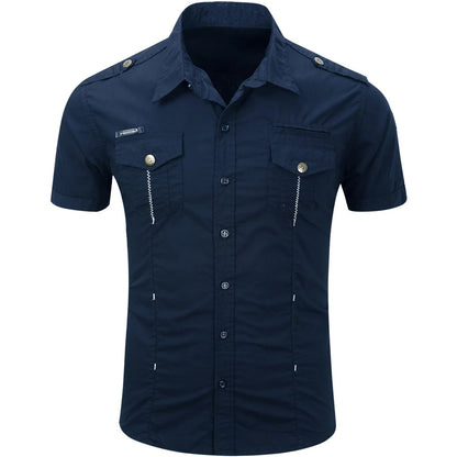 New Fashion Men's Casual Military Tactical Shirt Summer Short Sleeve Solid Color Cargo Work Shirts with Pocket