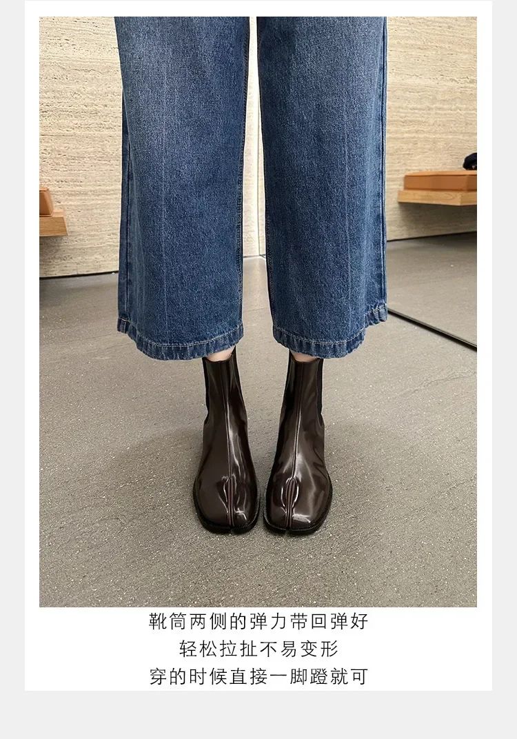 2025 Stretch Slip On Chelsea Boots Woman Split Toe Low Heels Ankle Botas Feminina Tabi Shoes Winter Patent/Matte Leather Botines