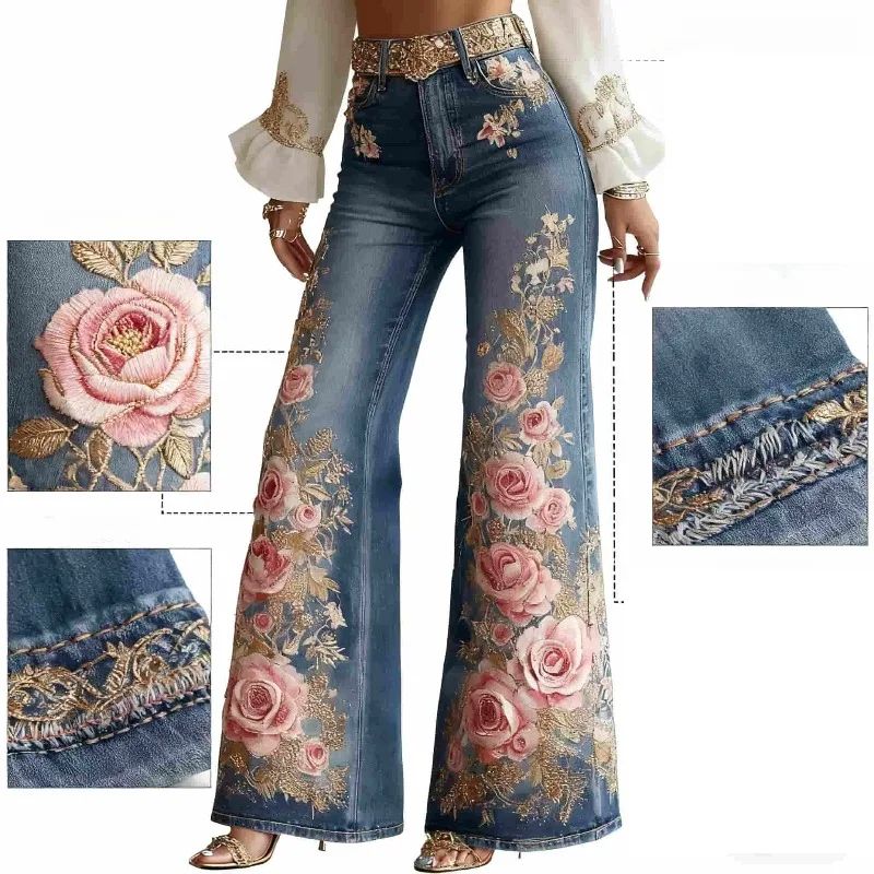 Women's Floral Embroidered High Waist Flared Jeans Vintage Boho Wide Leg Denim Pants for Party and Daily Outfits