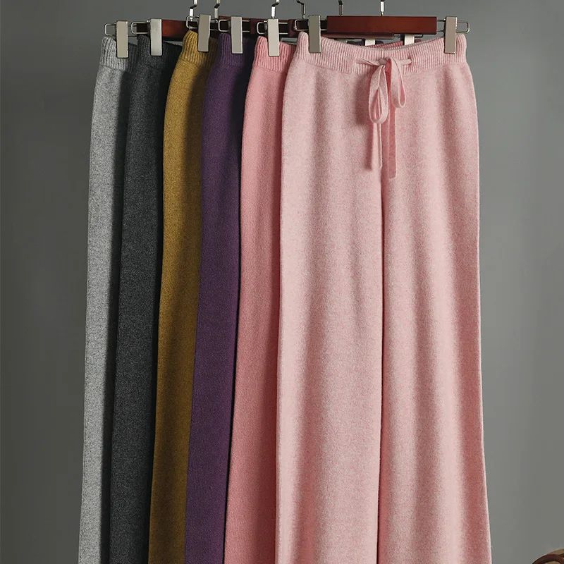 Spring Autumn Women High Waist Wool Wide Leg Pants Solid Soft Warm 100% Merino Wool Knitted Trousers Belt Casual Korean Fashion