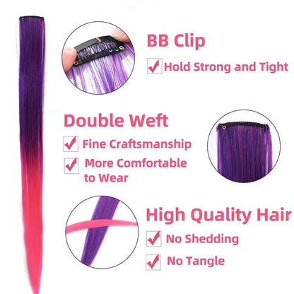 Colored Highlight 22 Inch Synthetic Hair Extensions Rainbow Long Straight Hairpieces for Women Kids Girls Purple Pink Blue