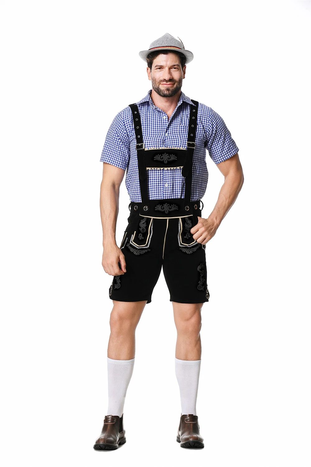 Bavarian Octoberfest German Beer Costume Male Oktoberfest Lederhosen Costume Beer Shirt Suspender Shorts Hat Cosplay Costumes