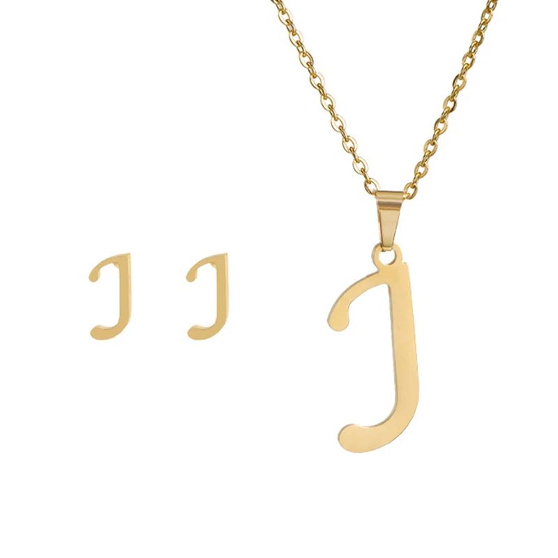Conjunto Feminino de Colar e Brincos de Aço Inoxidável com Letra Inicial do Alfabeto A-Z - Joias Personalizadas de 26 Letras Inglesas - Presente