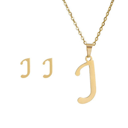 Conjunto Feminino de Colar e Brincos de Aço Inoxidável com Letra Inicial do Alfabeto A-Z - Joias Personalizadas de 26 Letras Inglesas - Presente