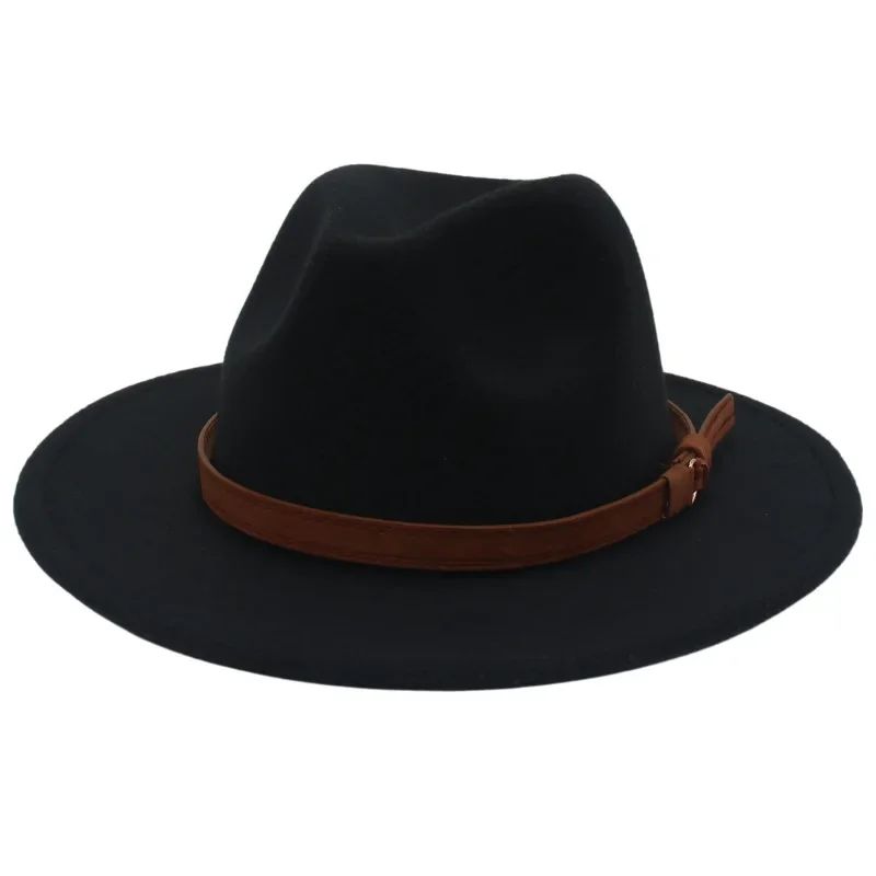 Classic Brown Belt Women Fedora Hats Autumn Winter Gentleman Jazz Felt Hat For Men Retro Church Lady Flat Wide Brim Dress Hat