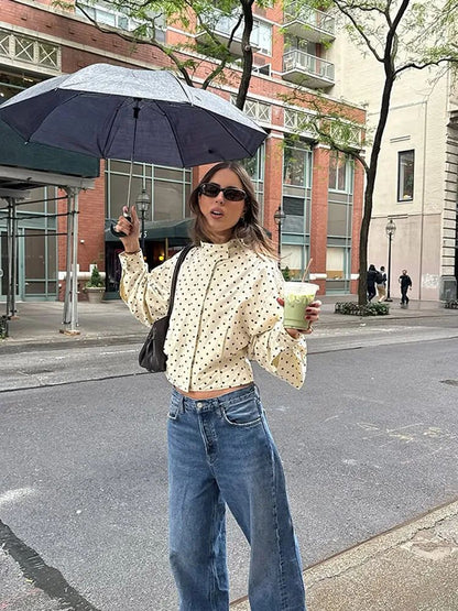 Polka Dot Stand Neck Short Jackets Women Fashion Long Sleeve Patchwork Contrast Slim Coats Casual Lady Street Commute Outerwear