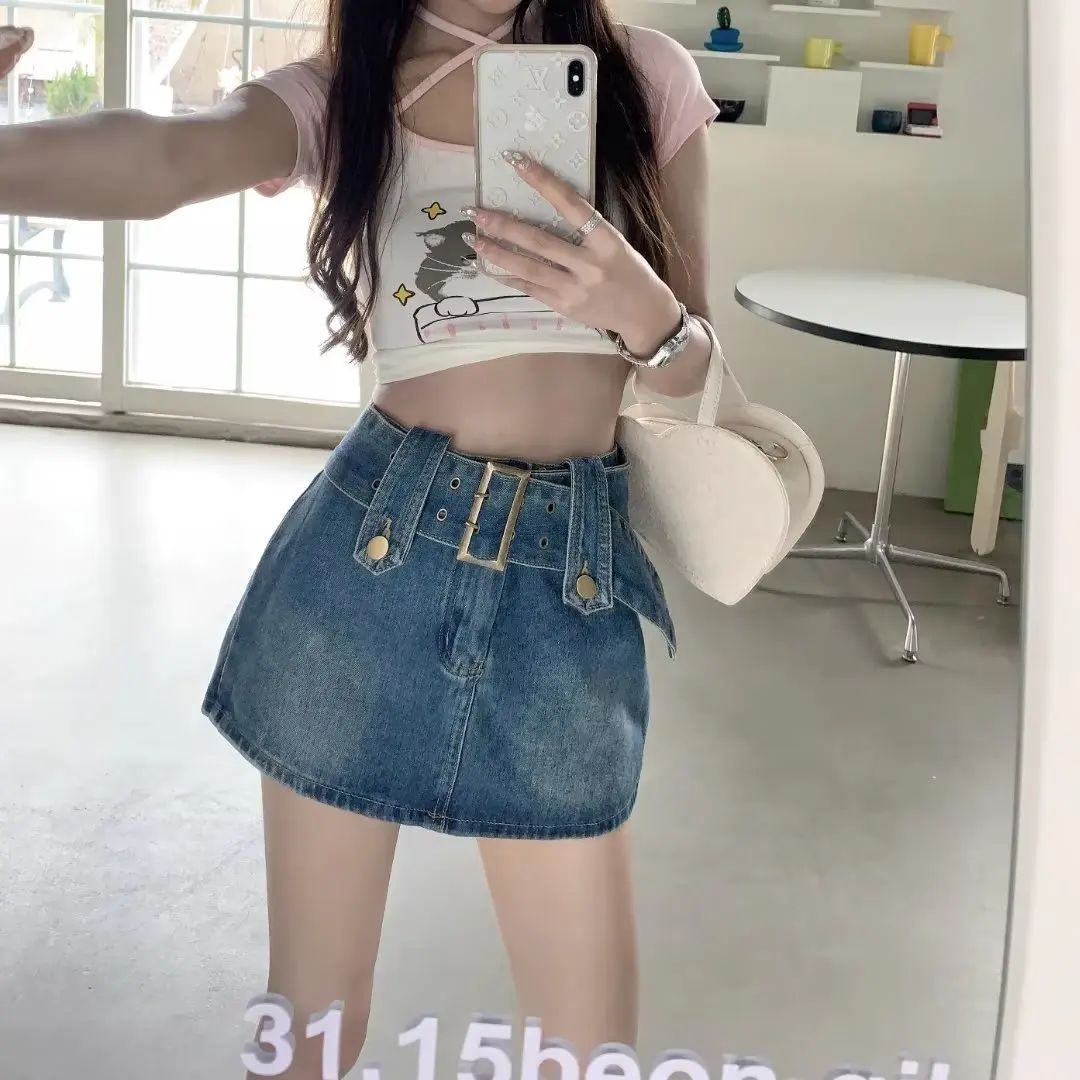 Plus Size High Waist Denim Mini Skirt for Women in Black Grey plus Size Slimming Summer New Style Short Skirts Sexy Girl Hong...