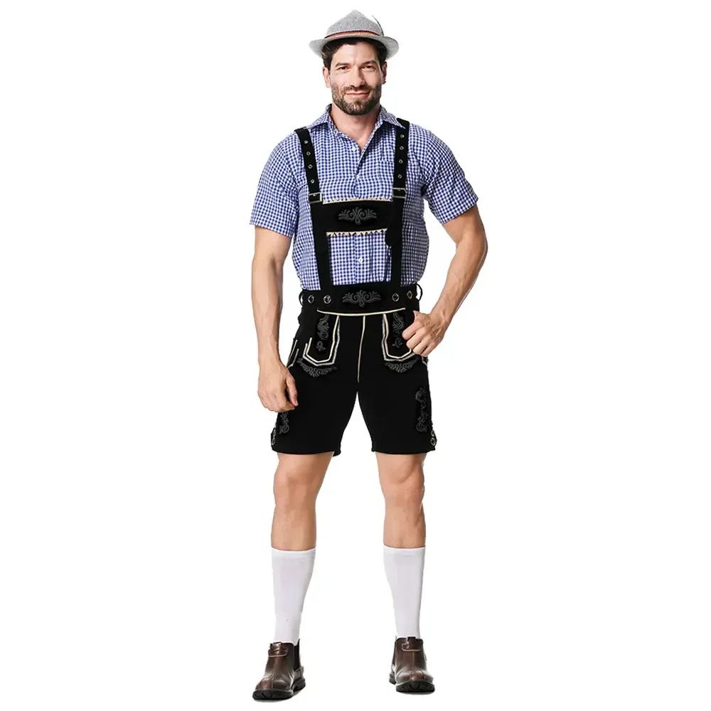 Bavarian Octoberfest German Beer Costume Male Oktoberfest Lederhosen Costume Beer Shirt Suspender Shorts Hat Cosplay Costumes