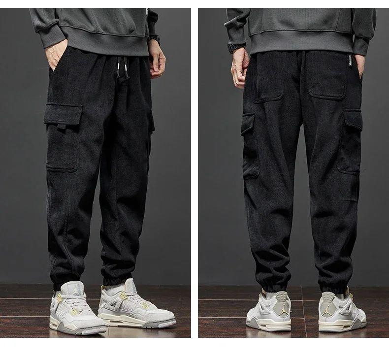 Winter New Thickened Warm Men's Corduroy Cargo Pants Fleece Loose Streetwear Joggers Harem Pants Sweatpants Male Trousers Black
