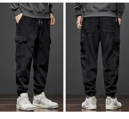 Winter New Thickened Warm Men's Corduroy Cargo Pants Fleece Loose Streetwear Joggers Harem Pants Sweatpants Male Trousers Black