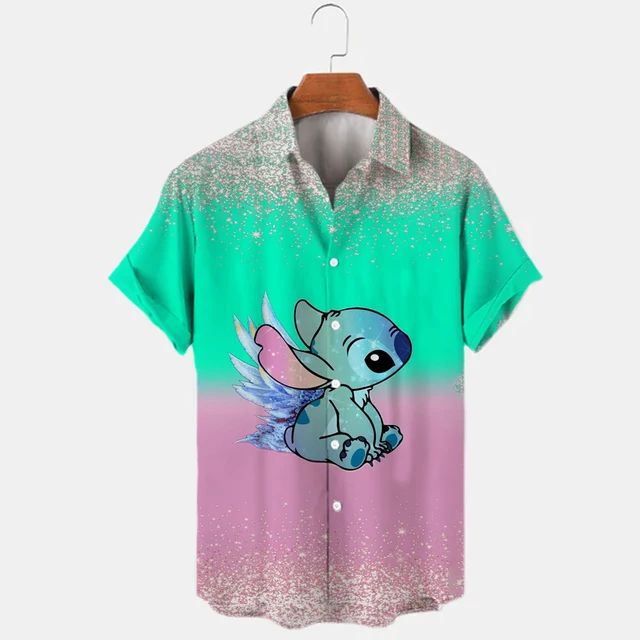 2023 Summer New Men's Casual Trend Fashion Cartoon Mickey Mouse Goofy Needle Harajuku Summer Top Men's Lapel Short Sleeve Shirt